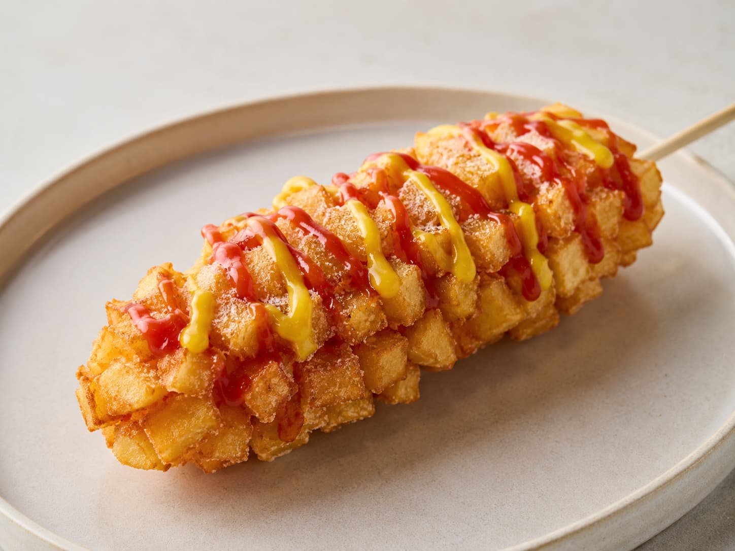 Korean potato hot dog with potato pieces on the outside
