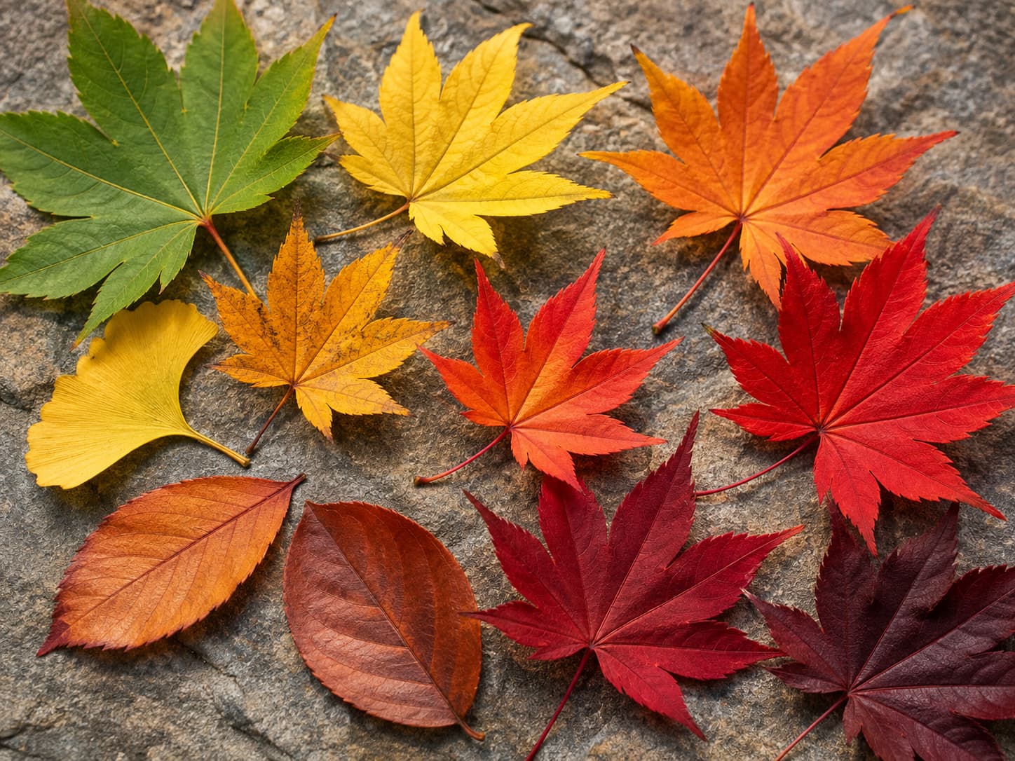 Autumn leaves in green, yellow, orange, and red arranged on stone.
