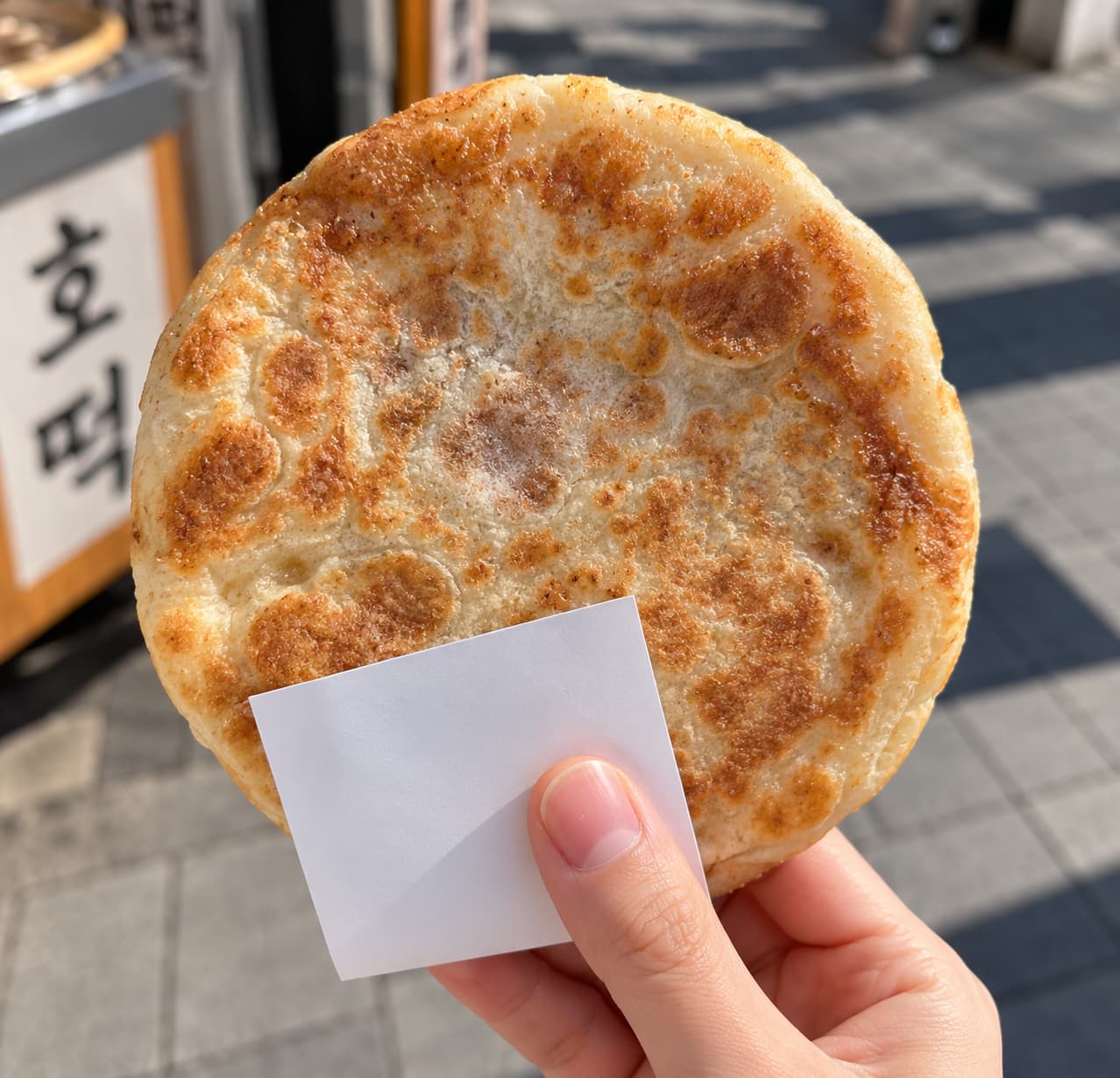 A round, golden-brown hotteok held by hand in front of a street stall sign that reads νΈλ‘.