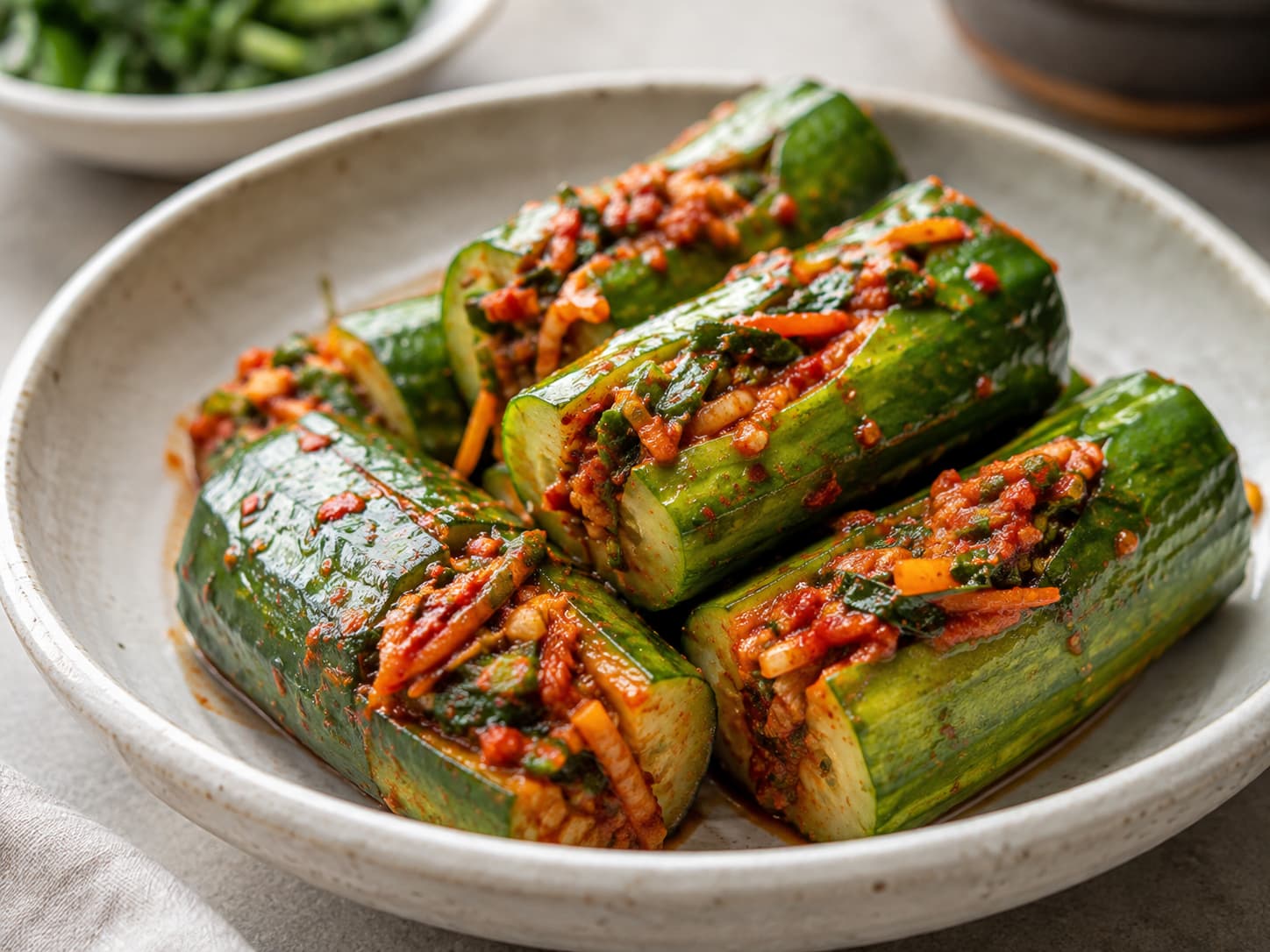 Oi-sobagi, stuffed cucumber kimchi, sliced open to show the seasoned filling